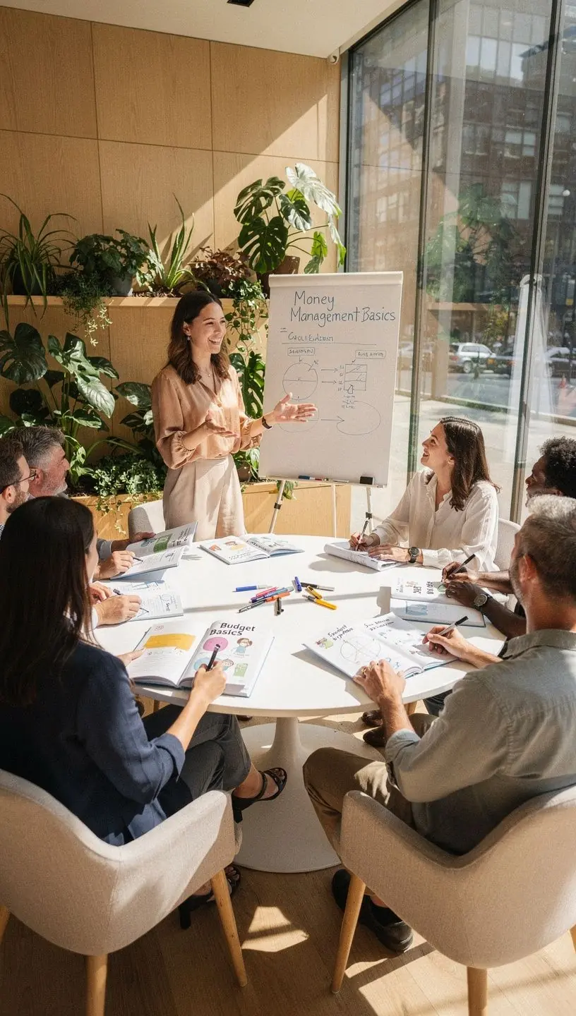Interaktív személyes pénzügyi workshop során résztvevők jegyzetelnek és kérdéseket tesznek fel.